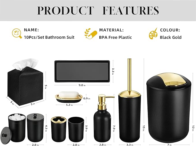Black and Gold Bathroom Decor, 10Pcs Black Bathroom Accessories Set, Soap Dispenser and Toothbrush Holder, Soap Dish, Cotton Ball & Qtip Holder, Toilet Brush Holder, Tissue Box Cover