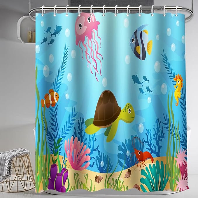 Lnond 4 Pcs Kids Bathroom Shower Curtain Set, Ocean Sea Turtle Bathroom Sets for Kids Bathroom Decoration with Shower Curtain, Non Slip Bathroom Rugs, Toilet Lid Cover, U Toilet Mat and 12 Hooks