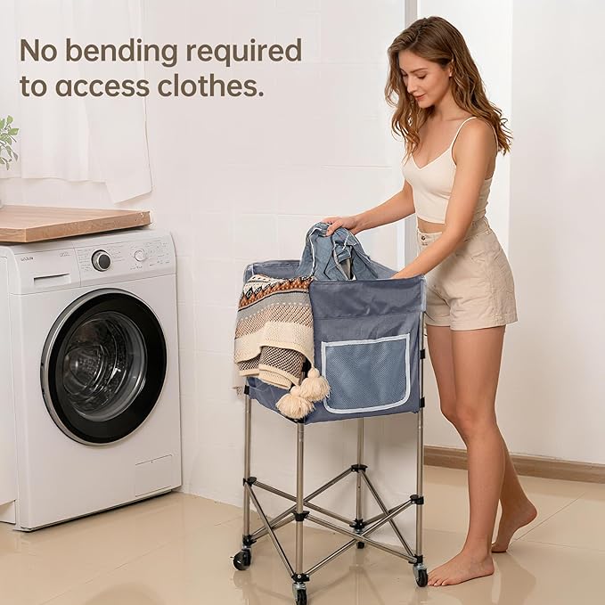 35.9" Tall Laundry Cart with Wheels, No-Bend Rolling Laundry Basket, Stable Stainless Steel Frame, Collapsible Laundry Hamper for Bathroom, Dorm & Bedroom, 600D Washable Bag – Grey