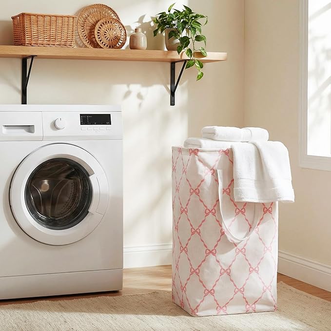 Leinuosen 2 Pcs 80l Large Bow Pink Laundry Hamper Basket with Waterproof Inner Lining, Collapsible Pink Clothes Storage Baskets Bin with Handles for Bedroom, Nursery & Home Organization(Grid)