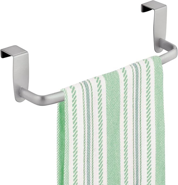 mDesign Steel Metal Wire Over Cabinet Towel Rack Storage Organizer - Hang on Cabinet or Door - Towel Bar Holder for Kitchen - Holds Hand Towels, Washcloths - Spira Collection, 2 Pack, Silver
