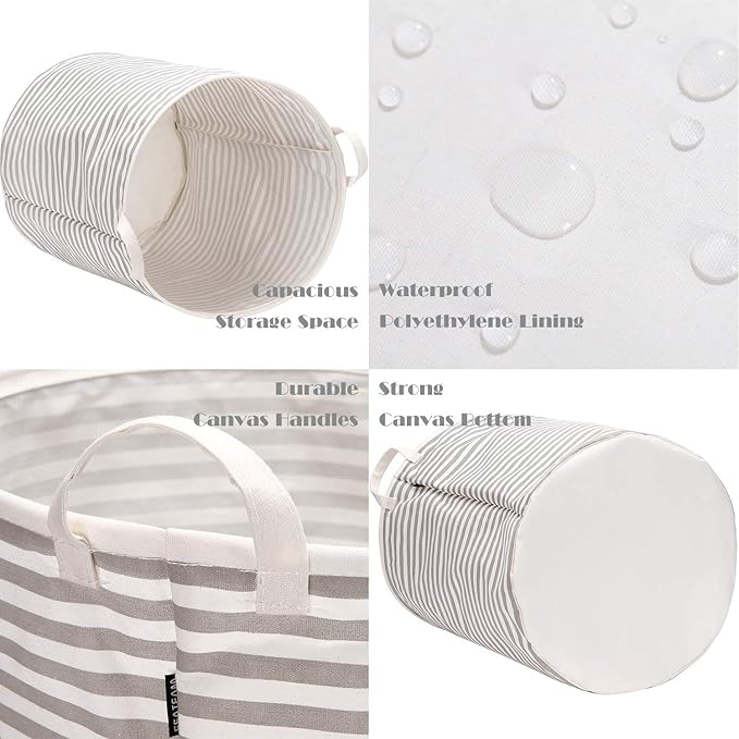 Sea Team 2-Pack 19.7 Inches Large Sized Waterproof Coating Ramie Cotton Fabric Folding Laundry Hamper Bucket Cylindric Burlap Canvas Storage Basket (19.7", Grey & White Stripe)