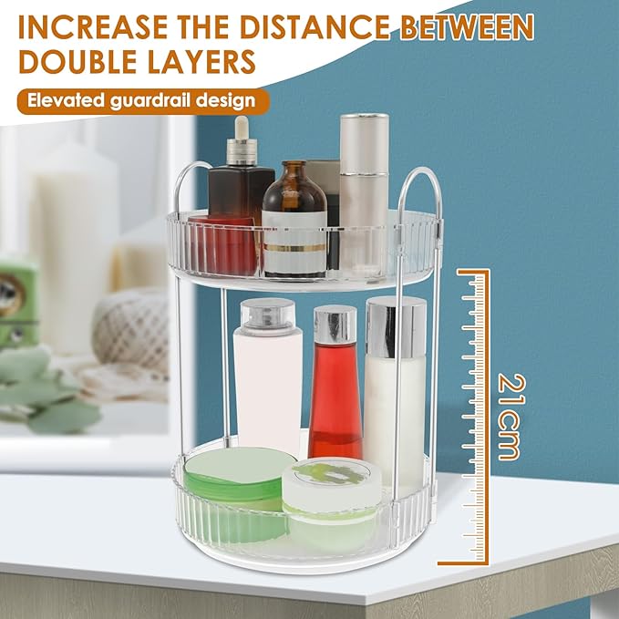 Rotating Makeup Organizer 360°Rotating Skincare Organizer Large Capacity Rotating Cosmetic Organizer 2 Layers Rotating Vanity Organizer Practical Rotating Dresser Organizer for Countertop (Clear 2PCS)