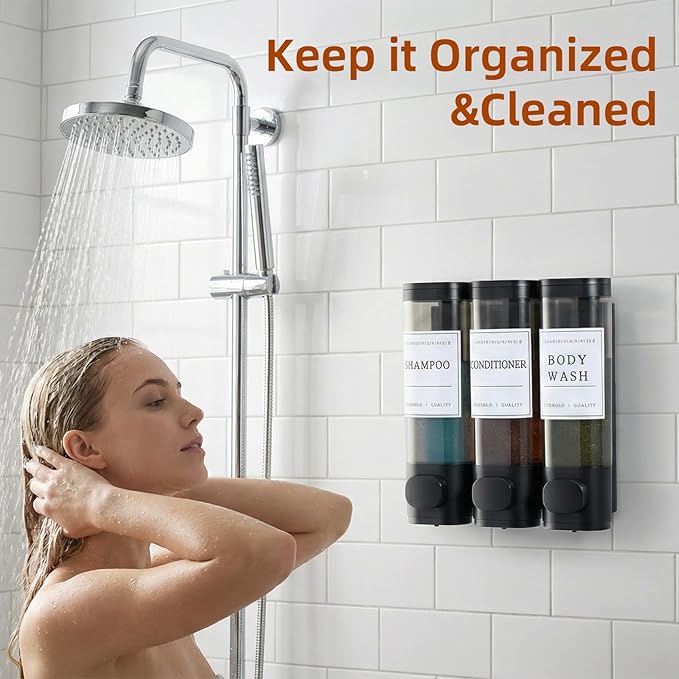 Shampoo and Conditioner Dispenser,Shower Soap Dispenser 3 Chamber No Drill Wall-Mounted for Bathroom & Hotel Leak-Proof Pumps, for Thick Liquids Like Conditioner - 1050ML High Capacity, Black