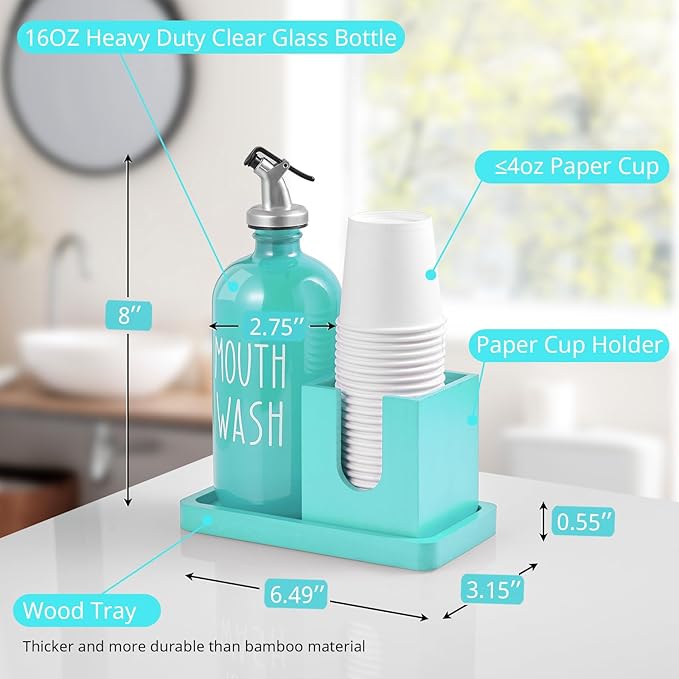 Turquoise Mouthwash Dispenser for Bathroom, 16 OZ Glass Mouthwash Dispenser with Wood Cup Holder and Tray, Mouth Wash Bottle Container, Teal Kitchen Bathroom Decor and Accessories