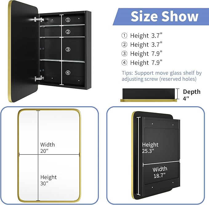 AGDULL Bathroom Wood Black Cabinet with 20''x30'' Brushed Gold Metal Frame Curved Mirror, Recessed Medicine Cabinet, Bathroom Storage Cabinet