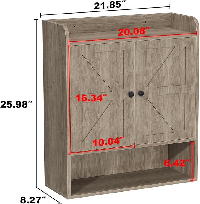 EasyCom 22" W x 26" H Bathroom Wall Cabinet, Farmhouse Medicine Cabinet with Adjustable Shelves and 2 Barn Doors, Over The Toilet Storage Cabinet for Bathroom, Kitchen, Living Room, Oak Grey