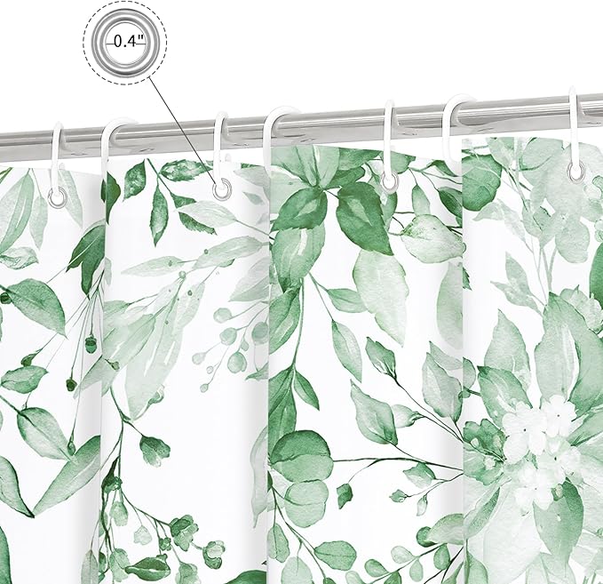 Gibelle Mint Green Eucalyptus Shower Curtain, Watercolor Plant Leaves with Floral Bathroom Shower Curtain Set with Hooks, 72x72