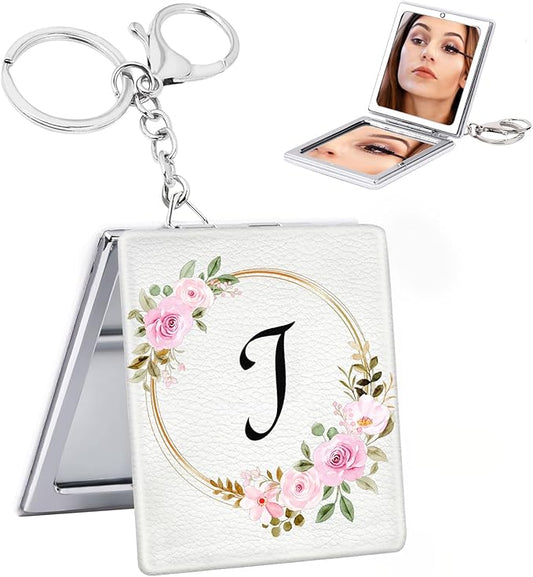 BAOSIWA Gifts for 5 6 7 8 9 10 11 12 13 Teen Girls Grandkids Valentines Day, Personalized Compact Mirror Initial Small Travel Makeup Mirror with Keychain(J)