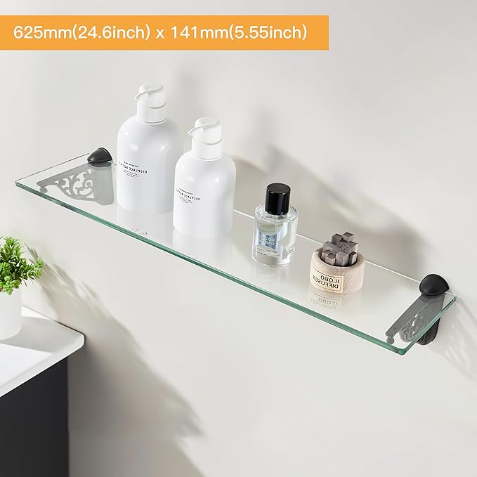 khtumeware 24 Inches Glass Shelves for Bathroom, Black Floating Glass Shelf Zinc Tempered Glass Bathroom Shelves for Wall Mount Modern