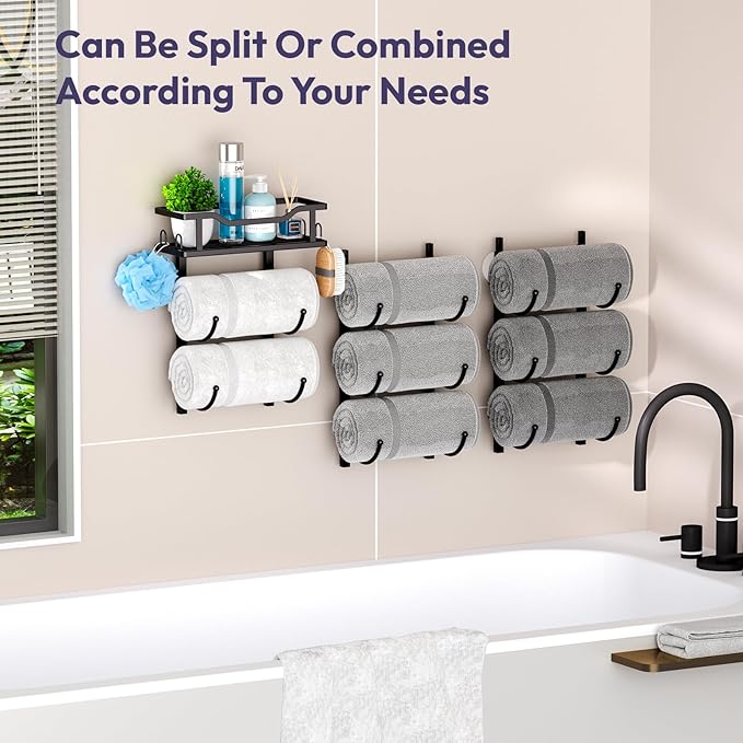 SWTYMIKI Over The Door Towel Rack - 9 Tier Towel Racks for Bathroom Wall Mounted, Towel Holder with Shelf, Hanging Rolled Towel Storage Organizer for Small Bathroom, Camper, RV, Black