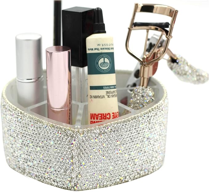 Desktop Cosmetic Storage Box 8-hole Heart-Shaped Bling bling Rhinestone Cosmetic Tools storage Box Jewelry Storage Box (Silver)