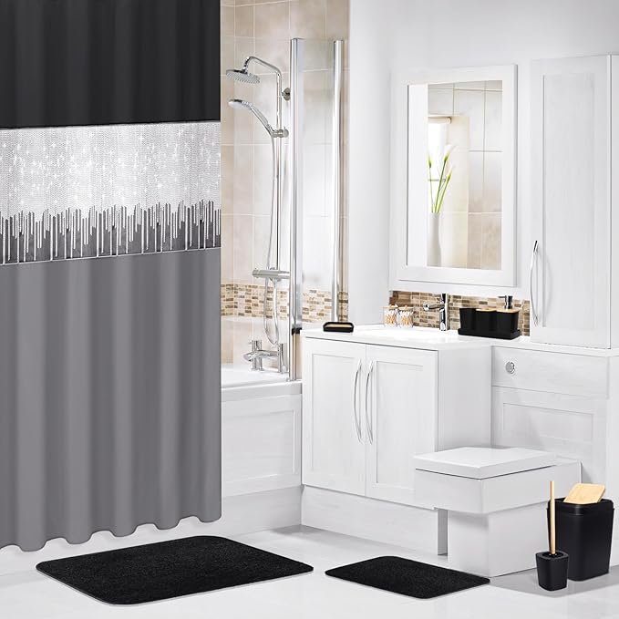 XLHOMO Bathroom Sets with Shower Curtain and Rugs,24PCS Black Bathroom Set Shower Curtain Set with Bathroom Trash Can Bathroom Accessories