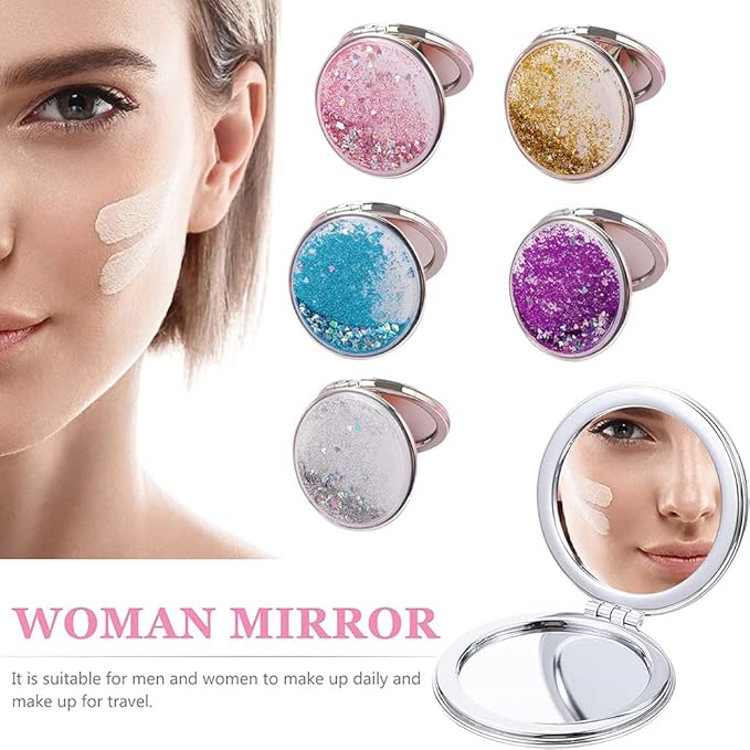 AKOAK 1 Pack Compact Mirror, Portable Quicksand Pocket Travel Makeup Mirror, Folding Hand-held Double Sided 1x/2x Magnifying Glass, Great Gift for Women and Girls (Glod)