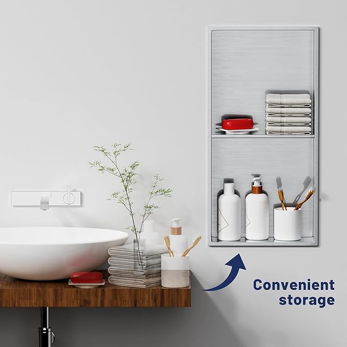 Stainless Steel Shower Niche 24" X 12" No Tile Needed Niche Shower with Two-Tier Recessed Wall Niches Insert for Bathroom Kitchen Storage, Brushed Nickel