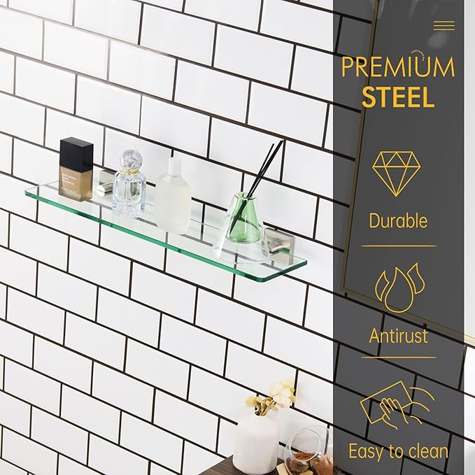 KOKOSIRI Floating Shelves Wall Mount 20-Inch Bathroom Tempered Glass Shelf for Kitchen Storage Shower Hanging Rack, Brushed Stainless Steel B1107BR-L20