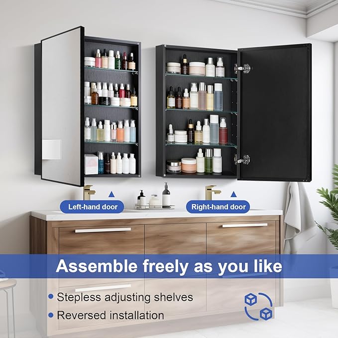 Medicine Cabinet Mirror, 20x30 Inch Rectangle Wall Mounted Bathroom Vanity Mirror with Storage & Adjustable Tempered Glass Shelves Medicine Cabinet for Bathroom, Black