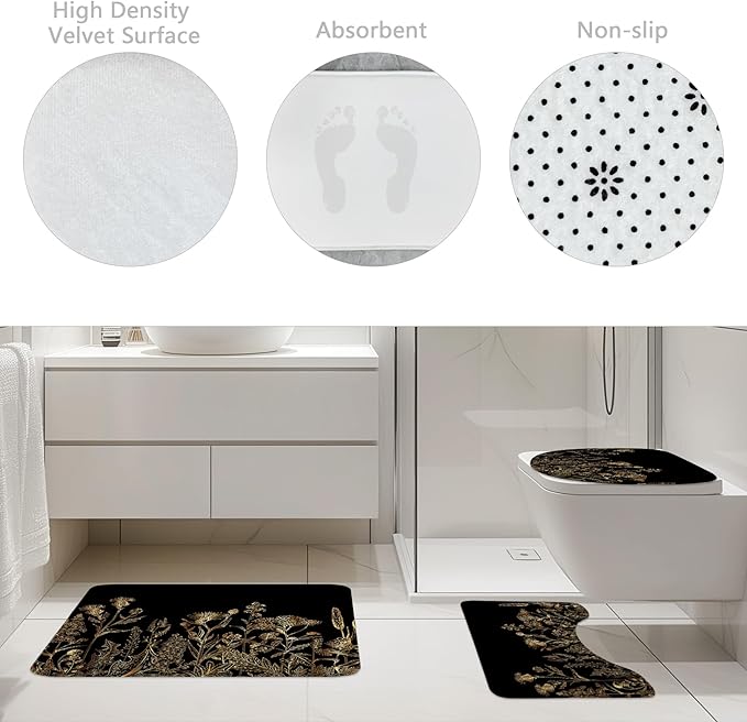 Riyidecor Vintage Black Gold Floral Wildflower 4Pcs Bathroom Shower Curtain Sets Botanical Leaves Bathroom Decor Set with Rugs and Accessories Rustic Toilet Lid Rug, Contour and Bath Mat with 12 Hooks