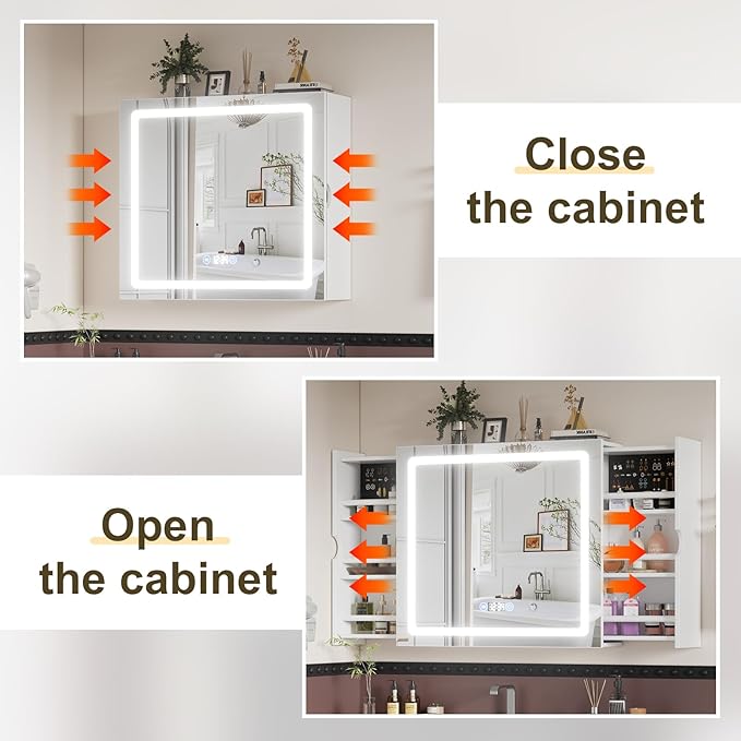 Led Lighted Bathroom Mirror Anti Fog Medicine Cabinet,Sliding Wall Mounted Bathroom Storage Cabinet,Medicine Cabinet with Storage and 3 Lighting Modes,White(Anti-Fog Mirror Cabinet with Light)