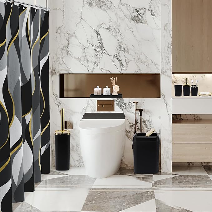 XLHOMO Black Bathroom Set, Bathroom Sets with Stripe Shower Curtain, Black and Gold Bathroom Accessories with Trash Can, Soap Dispenser, Soap Dish, Toilet Brush Holder, Qtip Holders for Bathroom