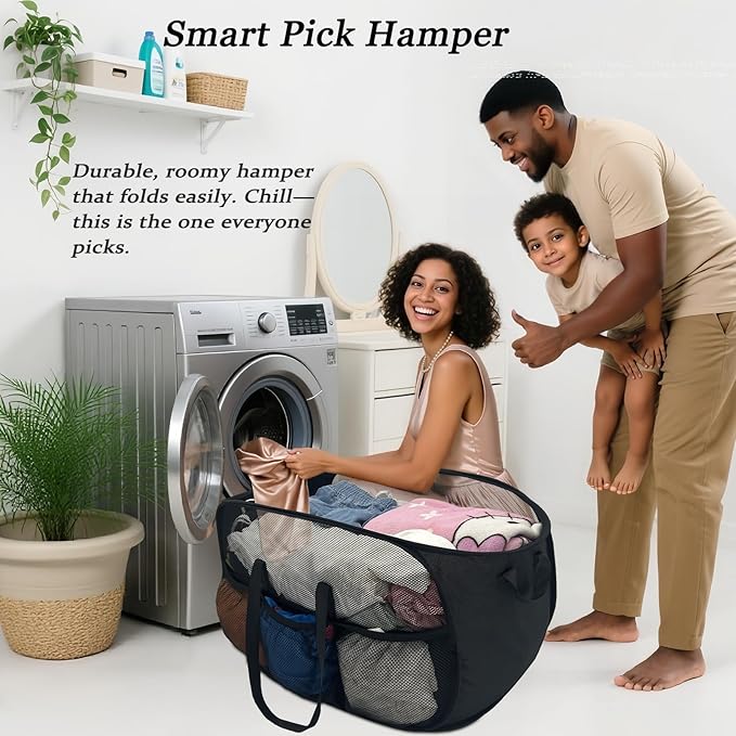 100L Extra Large Mesh Pop Up Hamper with Handles and bag, Upgraded Cationic XL Collapsible Laundry Baskets, Portable Stair Basket, Dirty Clothes Hamper for Cruise Travel Bedroom. Black