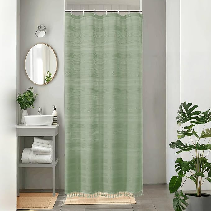 OVZME Small Stall Shower Curtain - Linen Textured Bathroom Curtain with Boho Tassel, Heavy Duty Farmhouse Bath Decor for RV Camper, Machine Washable, 36Wx72L Inches, Light Green