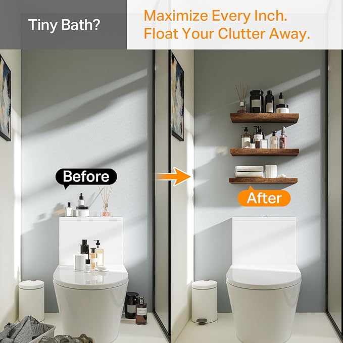 BAYKA Floating Shelves Bathroom for Wall – Shelf Over Toilet Farmhouse Rustic Wood for Bedroom, Kitchen, or Living Room Decor Organization Display Shelving – Rustic Brown, Set of 3 (Pack of 2)