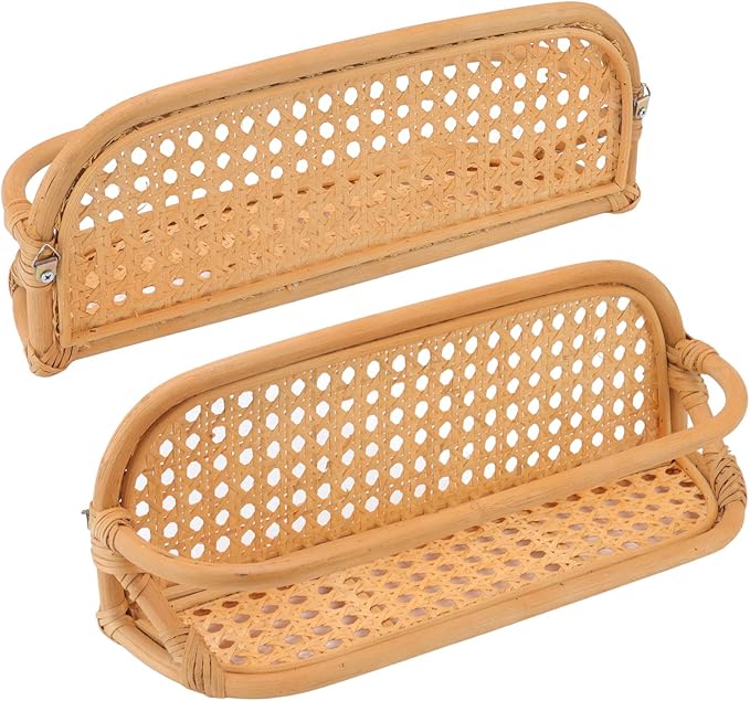 Rattan Wall Shelf, Hand Crafted Natural Rattan Hanging Rack, Wall Mounted Storage Shelf for Bathroom Kitchen Living Room with Durable Woven Design