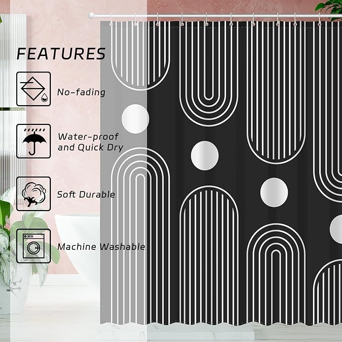 Boho Mid Century Shower Curtain Set, Modern Minimalist Arch Lines Sun Abstract Aesthetics Bathroom Decor, Waterproof Fabric Black Bohemian Bath Curtain with 12 Hooks 72x72 inches