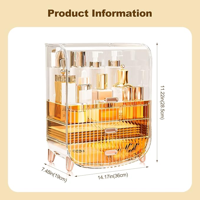 Ergocar Portable Transparent PET Series Multi-Function Make Up Case Dustproof Cosmetic Storage Box, Cosmetics Skin Care Products Jewelry Organizer Case Lipstick Box - Orange Three Layers