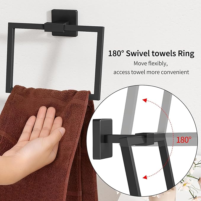 CHJgroup Hand Towel Holder for Bathroom Wall, Square 180?? Swivel Towel Ring Stainless Steel Heavy Duty Black Towel Hanger for Bath, Kitchen