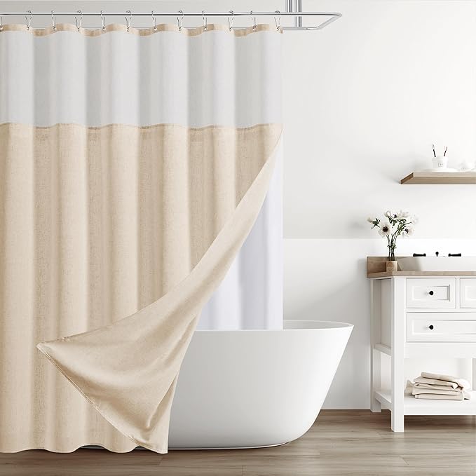 Naturoom Natural Linen Shower Curtain with Snap in Liner Set Rustic Farmhouse Shower Curtains for Bathroom 200GSM Textured Cream Burlap Cloth Double Bath Curtains with See Through Top Window 72x78