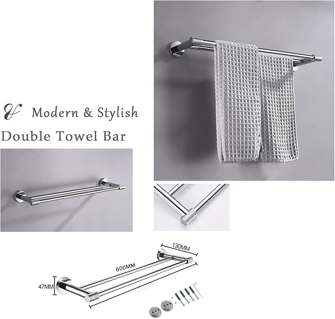 24-Inch Double Towel Bar,304 Stainless Steel, Chrome Finish & Stylish Knurled for Home, Hotel,& Apartment, Upgrade to a Premium Modern Bathroom