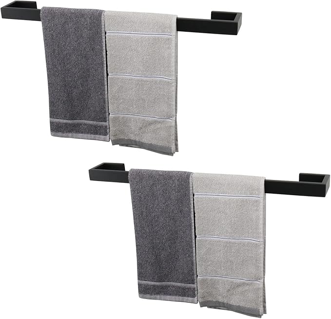 TocTen Bath Towel Rack - 2 Pack Square Base Thicken SUS304 Stainless Steel Towel Bar for Bathroom, Bathroom Bar Accessories Towel Rod Heavy Duty Wall Mounted Towel Holder(Matte Black, 24 Inch)
