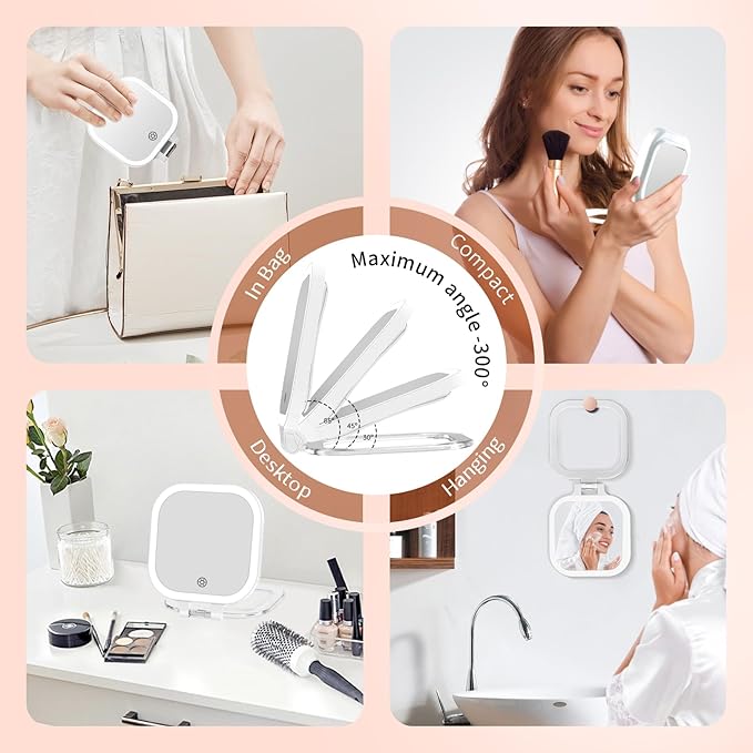 FASCINATE Compact Travel Makeup Mirror with Lights and Magnification, 3.5 inch Portable 1X/30X Magnifying Mirror with 3 Color Light, Folding, Handheld (White)