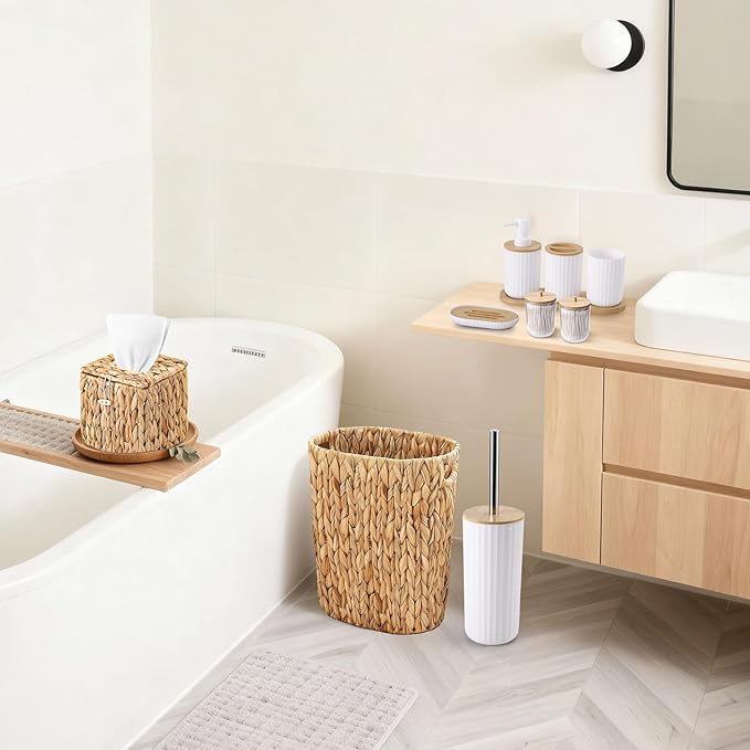 Bathroom Accessories Set,10PC Wicker Home Set with Trash Can, Tissue Box,Tray, Soap Dispenser, Soap Dish, Toothbrush Holder, Toothbrush Cup,Toilet Brush and Qtip Holders (White, Bath Set)