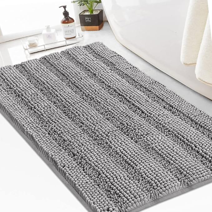 Turquoize Chenille Bath Rugs Shaggy Non-Slip Bath Mat 24 x 36 in Soft Absorbent Area Rug, Dove