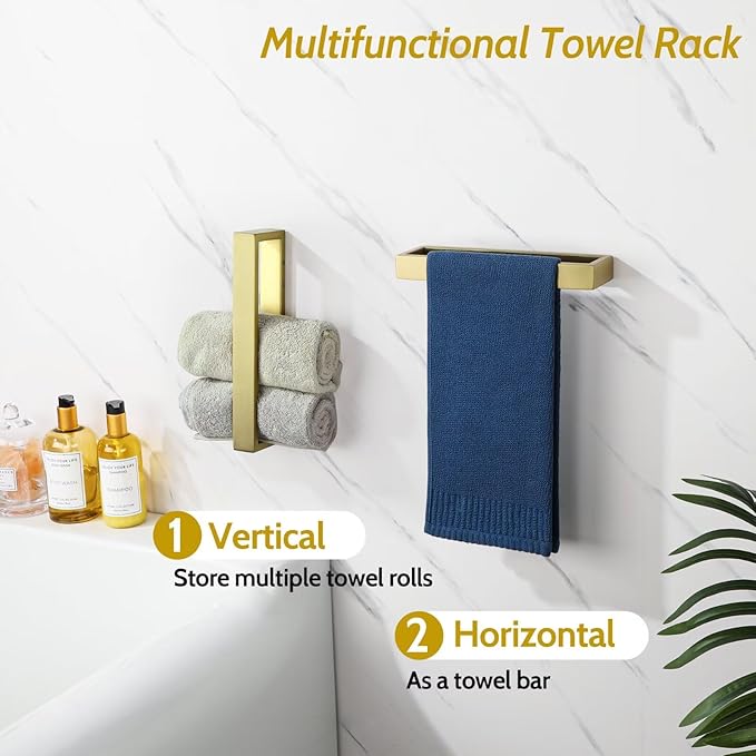 Sayayo Brushed Gold Towel Bar for Bathroom, 10 Inch Hand Towel Holder Wall Mount Square Towel Ring SUS304 Stainless Steel Towel Rack
