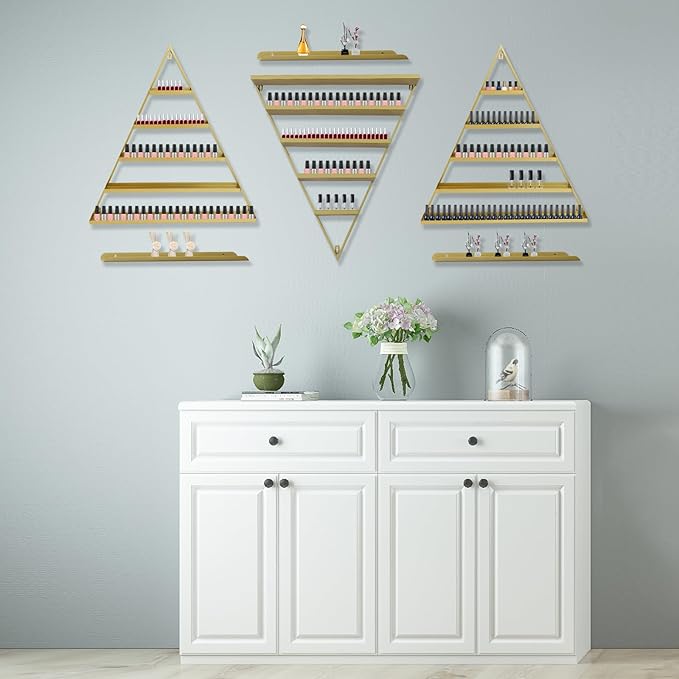 5 Tiers Metal Wall-Mounted Nail Polish Display Rack Simple Triangular Floating Lipstick Perfume Storage Shelves with 110lbs Capacity for Nail Salon Stores, Home, Spas, Golden