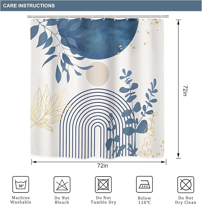 Riyidecor Boho Light Blue 4Pcs Bathroom Shower Curtain Sets Mid Century Minimalist Abstract Modern Bathroom Decor Set with Rugs and Accessories Leaf Toilet Lid Rug, Contour and Bath Mat with 12 Hooks