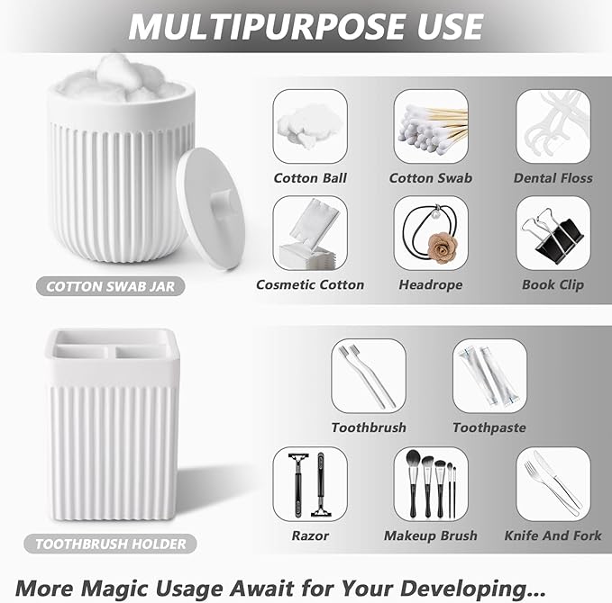 XLHOMO Resin White Bathroom Accessories Set 5 Pcs, Lotion Soap Dispenser, Toothbrush Holder, Bathroom Tumbler, Qtip Holder and Vanity Tray, Bathroom Countertop Organizer Set for Modern Home Apartment