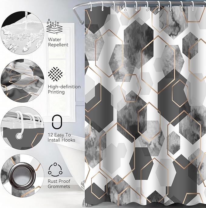 Muuyi 4Pcs Gray White Geometric Shower Curtain Set, Neutral Modern Art Deco Shower Curtain with Hooks, Elegant Trendy Simple Bathroom Sets with Shower Curtain and Rugs, 71 * 71in