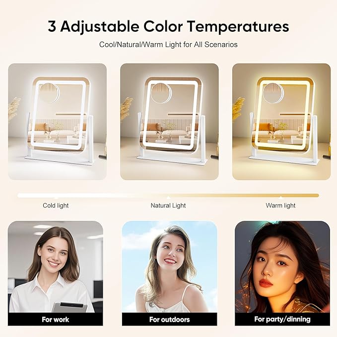 Vanity Mirror with Lights, 14.8x12.6 Inch White LED Makeup Mirror, 3-Color Dimmable LED Smart Touch Screen, 5X Magnification & 360° Rotation, Large Tabletop Makeup Mirror for Bedroom