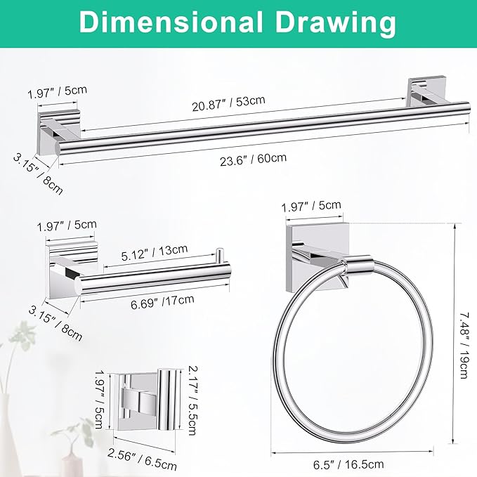 Polished Chrome Bathroom Hardware Accessories Towel Bar Set, 10 Pieces Bathroom Towel Bar Holder Set, 23.6 Inch Stainless Steel Toilet Paper Holder Towel Racks for Bathroom Wall Mounted