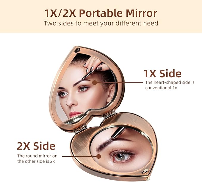 Mini Vintage Heart Elegant Makeup Mirror, Portable 1X/2X Magnifier (Retro Red)