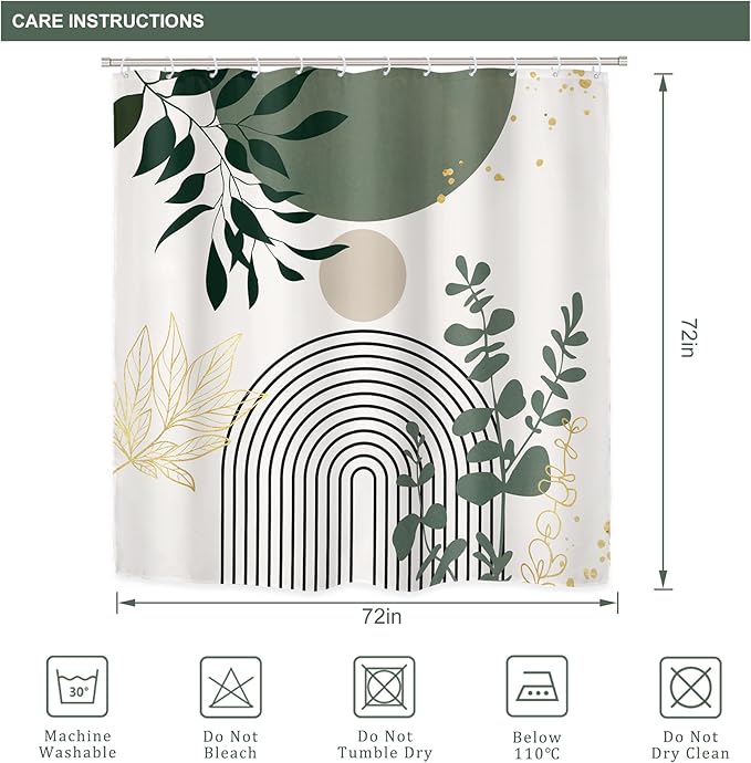 Riyidecor Boho Sage Green 4Pcs Shower Curtain Set with Toilet Lid Cover and Non-Slip Rugs, Mid Century Modern Minimalist Bathroom Decor Set，Abstract Contour and Bath Mat with 12 Hooks