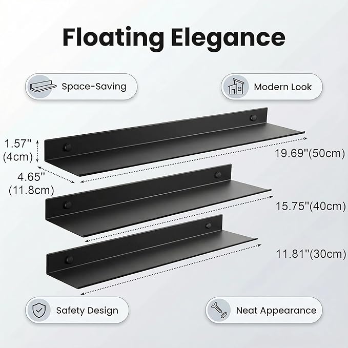 Z metnal Bathroom Shelf, Small Floating Wall Shelves, Decorative Ledge Shelf, Aluminum, Wall Mounted, Matt Black, 20/16/12 inch, 3 Set
