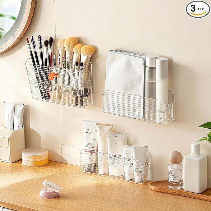 MORNITE 3 Pcs Wall-Mounted Makeup Organizer Set, Makeup Holder for Lipstick, Pencils, Brush, Lip Liner, Cabinet Storage for Mirror, Door, Bathroom, Vanity