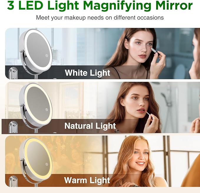 30X Wall Mounted Makeup Mirror, 3 Color Modes & Adjustable Light, Bathroom Vanity Makeup Mirror with 360 Rotation Extendable Swivel Arm,Double Side Magnifying Mirror - Chrome