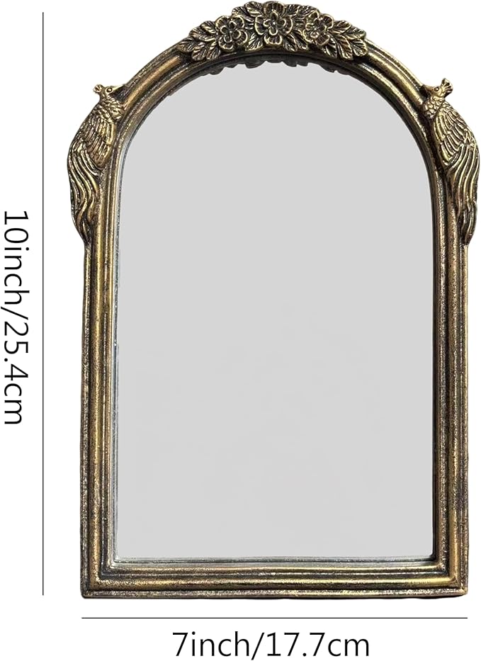 Vintage Vanity Desk Mirror -10x7Inch Wall-Mounted & Tabletop Decorative Ornate Gold Accent Retro Makeup Mirror for Bedroom Dresser Living Room Bathroom Dorm Champagne Gold